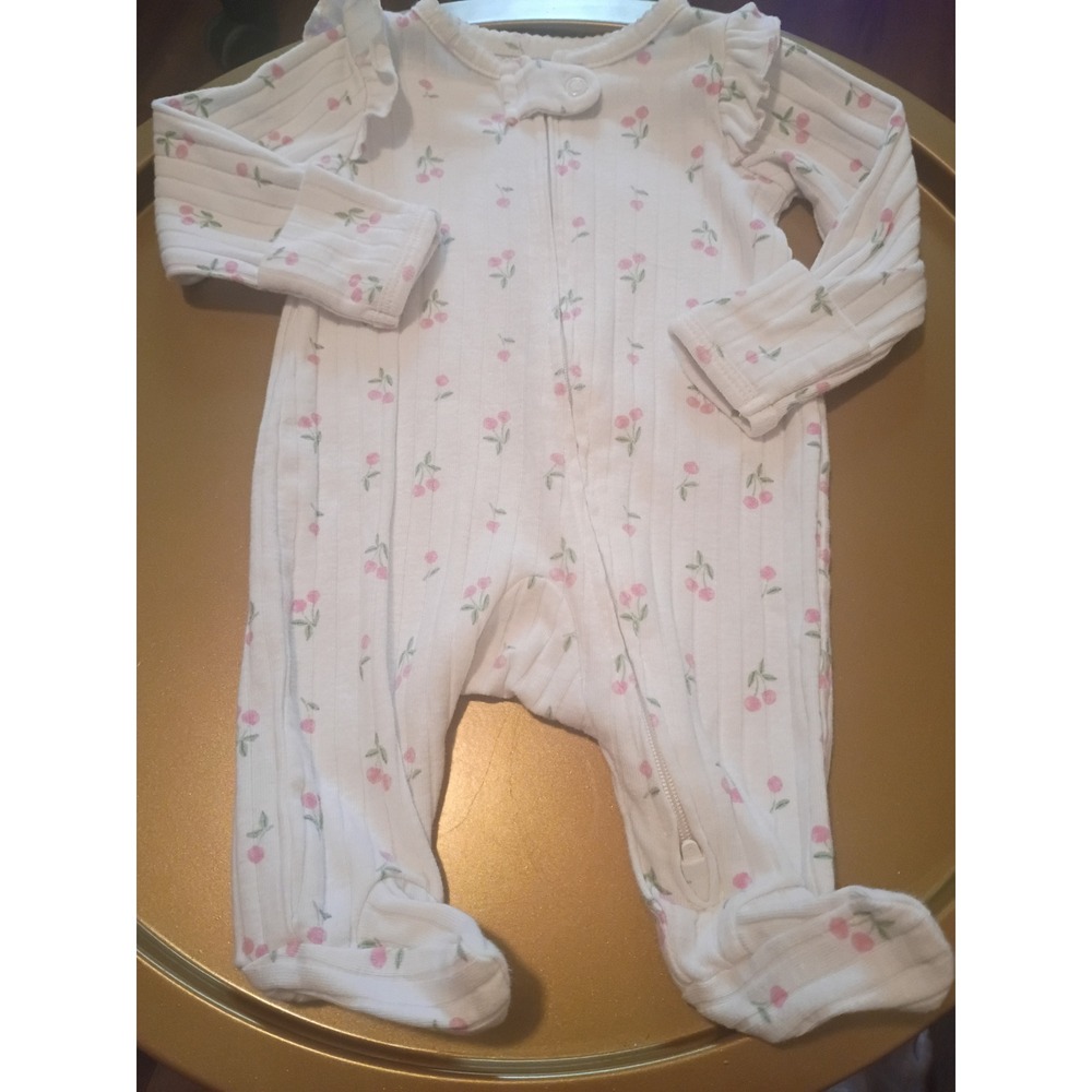 Carters Just One You Newborn Sleeper White Pink Cherry Ribbed Footed Coverall